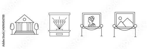 Museum gallery, diamond exhibit, portrait art, landscape painting icon vector illustration for historical, cultural, antique, fine arts collection.