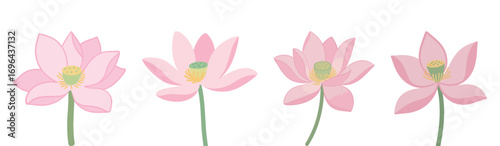 Set of four pink lotus flowers, different angles and styles, simple cartoon illustration, for meditation, yoga, or wellness themes
