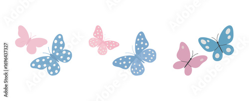 Set of pink and blue butterflies with different spot patterns, cute and simple illustration, for nature, spring, or decorative designs on a white background