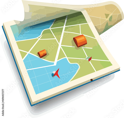 Colorful Map Illustration Displaying a Location with Landmark Buildings and Roads