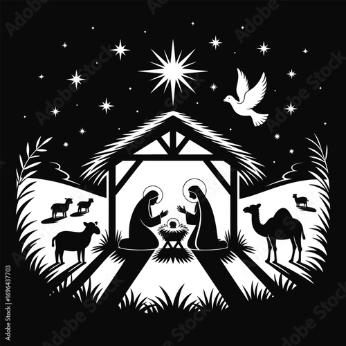 Black and White Nativity Scene with Animals and Dove Keywords: nativity, stable, jesus, mary, joseph, holy