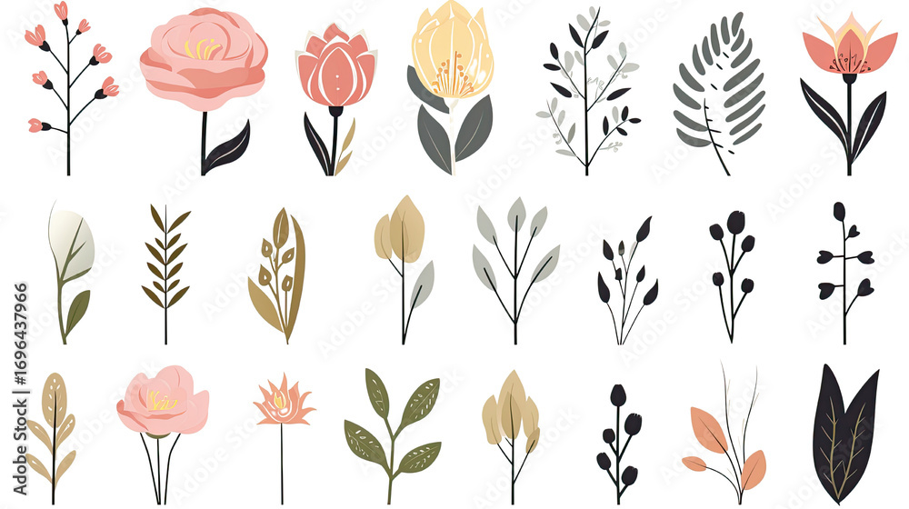 Obraz premium Collection of various floral elements with leaves and blossoms minimal botanical illustration isolated on white background