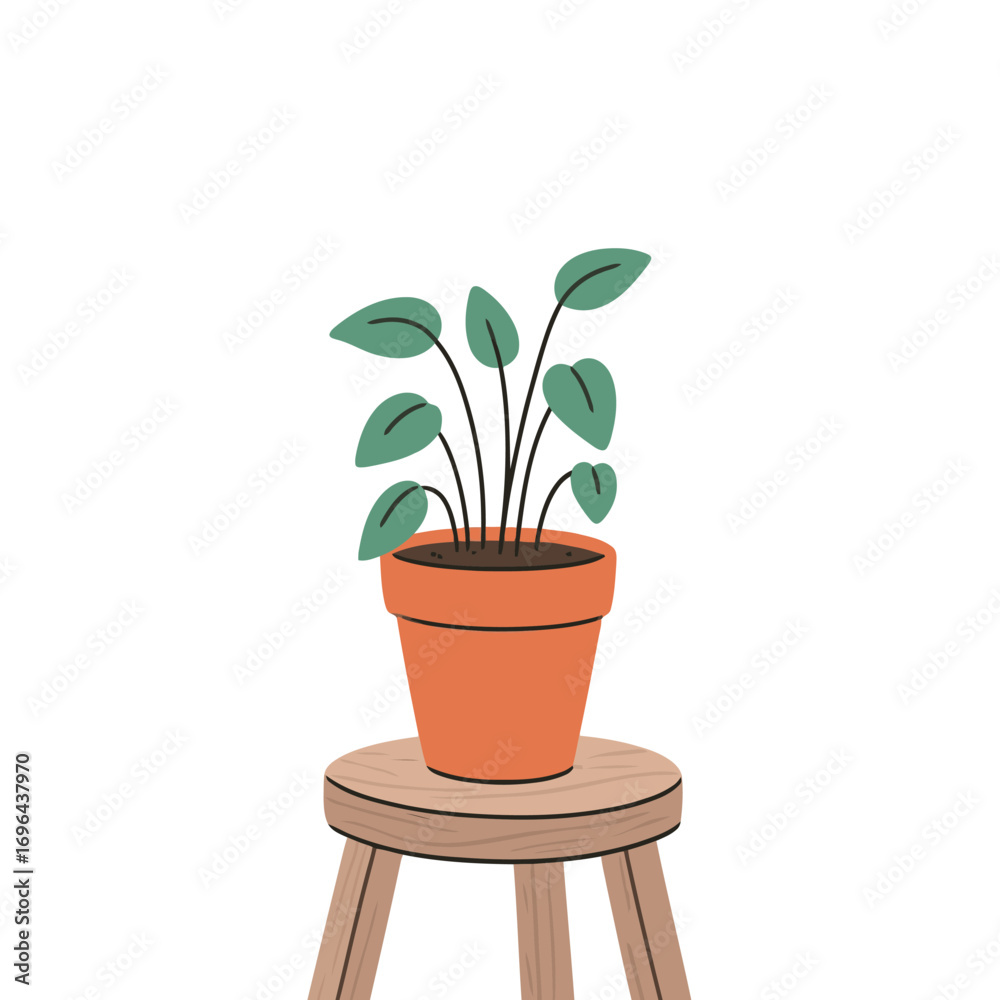 Obraz premium Simple cartoon illustration of a potted houseplant with green leaves on a small wooden stool, minimalist style for home and interior design