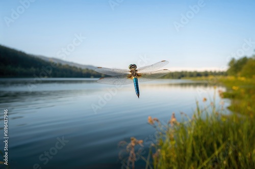 Blue Dragonfly Near Water Body