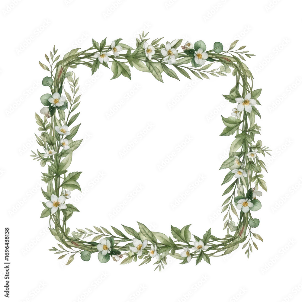 Naklejka premium Square floral frame with white blossoms and green leaves isolated on transparent background