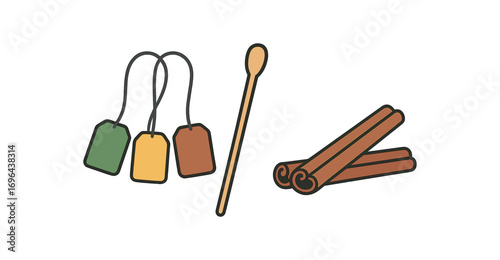 Illustration tea tag stir stick cinnamon perfect simple colored vector illustration style isolated on transparent background