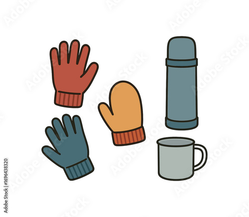 Illustration gloves metal mug winter thermos perfect simple colored vector illustration style isolated on transparent background