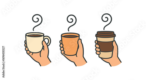 Illustration hand with hot drink steam swirl takeaway cup perfect simple colored vector illustration style isolated on transparent background