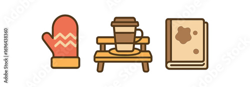 Illustration mitten coffee on bench stained book perfect simple colored vector illustration style isolated on transparent background