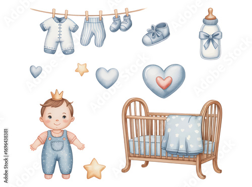 Watercolor baby nursery set with crib and balloons. Cute pastel newborn elements with rainbow and stars.