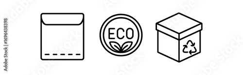 Outline icon different items padded kraft mailer eco stamp upcycled box perfect icons style isolated on transparent background
