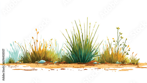 Whimsical wild grasses and wildflowers growing in a sunny meadow a hand painted illustration style art