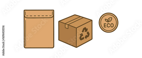 Illustration kraft mailer upcycled box eco stamp perfect simple colored vector illustration style isolated on transparent background
