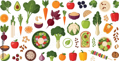 Vibrant assortment of fresh fruits and vegetables, healthy food collage