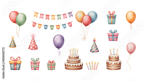 Watercolor birthday party set with balloons and cakes. Baby festive clipart with gifts and bunting.