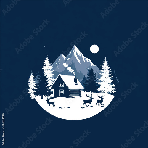 Winter Cabin Scene with Snow Capped Mountains Pine Trees and Deer in a Snowy Landscape