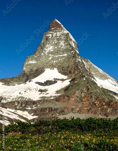 Alpine peak, snow-capped, vibrant colors, clear sky