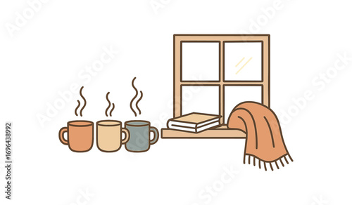 Illustration steaming mug windowsill book cozy blanket perfect simple colored vector illustration style isolated on transparent background