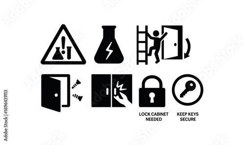 flat black solid icon 8 different items chemical storage warning glassware caution no shelf climbing door swing area loose hinge screws handle break risk lock cabinet needed keep keys