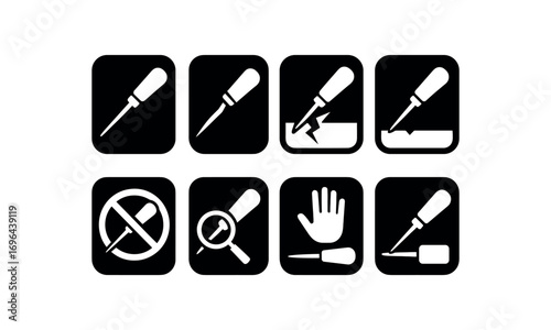 flat black solid icon 8 different items each item inside solid rounded rectangle safety placard no shadows no gradients awl grip hazard broken awl grip warning awl grip crack hazard awl