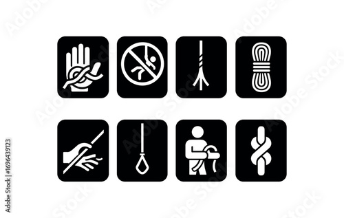 flat black solid icon 8 different items each item inside solid rounded rectangle safety placard no shadows no gradients rope entanglement risk no rope swinging frayed rope warning rope