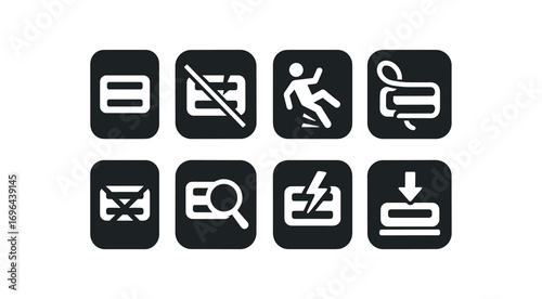 flat black solid icon 8 different items each item inside solid rounded rectangle safety placard no shadows no gradients strap keeper hazard broken strap keeper warning strap keeper slip
