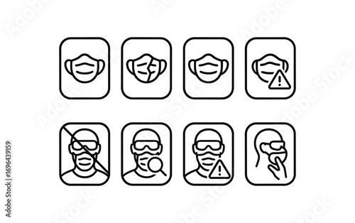 simple outline stroke icon 8 different each item inside rounded rectangle safety placard border no shadows no gradients mask nose guard hazard broken mask nose guard warning mask nose guard