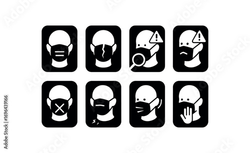 flat black solid icon 8 different items each item inside solid rounded rectangle safety placard no shadows no gradients mask nose guard hazard broken mask nose guard warning mask nose guard