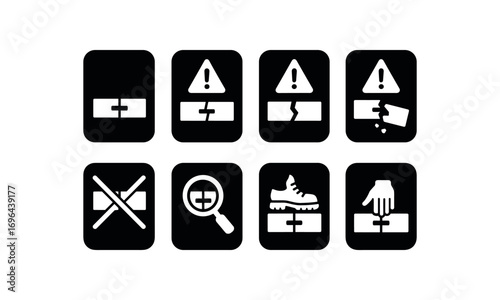 flat black solid icon 8 different items each item inside solid rounded rectangle safety placard no shadows no gradients plank joint hazard broken plank joint warning plank joint crack