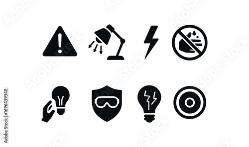 flat black solid icon 8 different items glare hazard area lamp cool down live wire risk no wet hands replace bulb safely shield eye protection broken lamp shards cover lens required