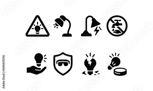 flat black solid icon 8 different items glare hazard area lamp cool down live wire risk no wet hands replace bulb safely shield eye protection broken lamp shards cover lens required