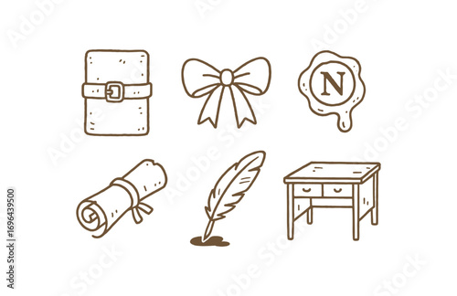 hand drawn cute doodle style line isolated on white background scroll fastener tie ribbon knot wax seal parchment roll ink quill archive desk