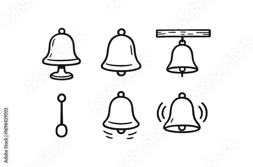 hand drawn cute doodle style line isolated on white background bellfoot base iron dome wood beam swing pin ringing arch sound wave