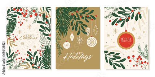 Christmas Cards Decorated With Pine, Rowan, Thuja Branches and Christmas Tree Toys