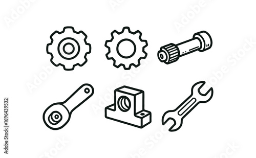 hand drawn cute doodle style line isolated on white background cogwheel gear sprocket tooth drive shaft ratchet set machine part wrench tool