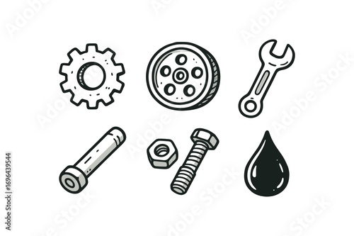 hand drawn cute doodle style line isolated on white background gear cogwheel steel rim torque shaft nut bolt oil drop