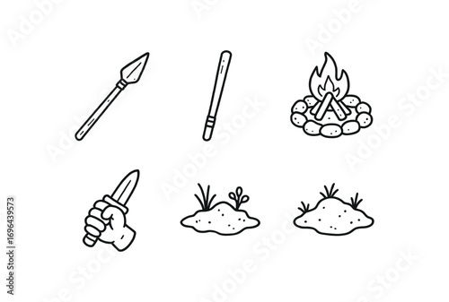 hand drawn cute doodle style line isolated on white background tail spear pole butt hunting ground campfire ring warrior hand soil patch