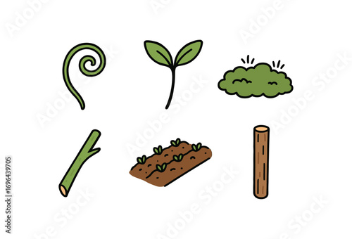 hand drawn cute doodle style line isolated on white background coiltip vine green shoot moss patch garden row pruning cut wooden pole