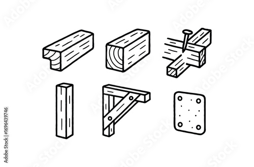 hand drawn cute doodle style line isolated on white background beam notch wood plank nail joint stud frame brace clamp plate