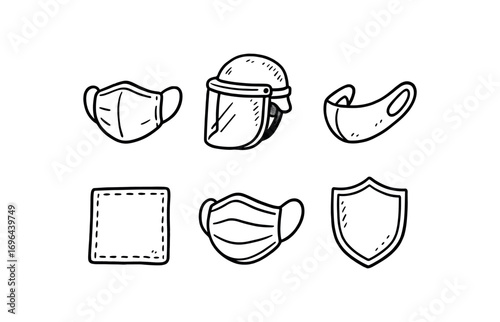hand drawn cute doodle style line isolated on white background cheek slit mask safety guard chin strap fabric edge face cover shield plate