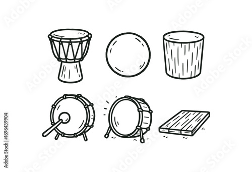 hand drawn cute doodle style line isolated on white background drum drumhead wooden skin top rope tie bass hit stage floor