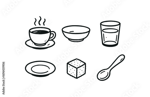 hand drawn cute doodle style line isolated on white background cup shallow dish glass rim hot steam saucer plate sugar cube spoon rest