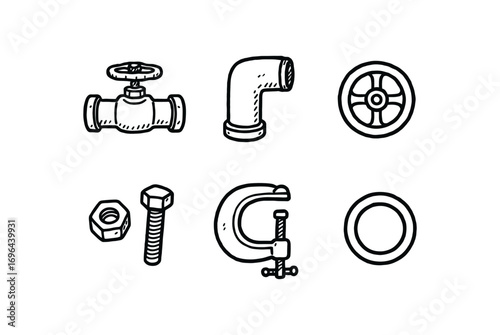 hand drawn cute doodle style line isolated on white background pipe valve steel joint wheel tap nut bolt clamp jaw gasket ring