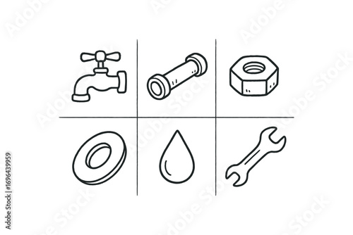 hand drawn cute doodle style line isolated on white background valve tap iron pipe screw cap washer plate flow drop spanner tool