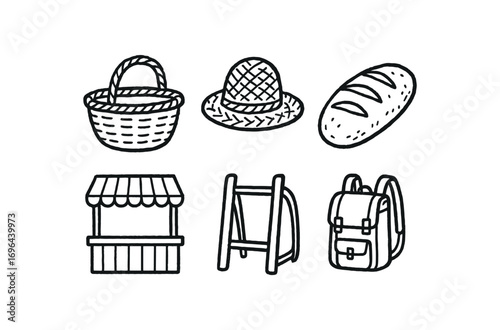 hand drawn cute doodle style line isolated on white background loop handle basket straw weave wicker edge bread loaf market stall pack frame