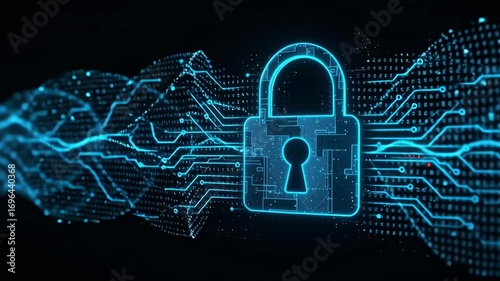 Blue digital lock security circuit data. Internet cyber crime defense and network protection concept. Technology animation footage.