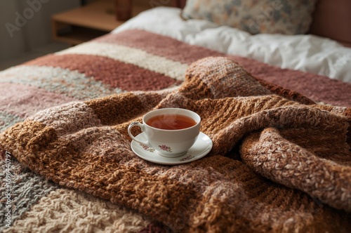 Teacup resting on a cozy kn...