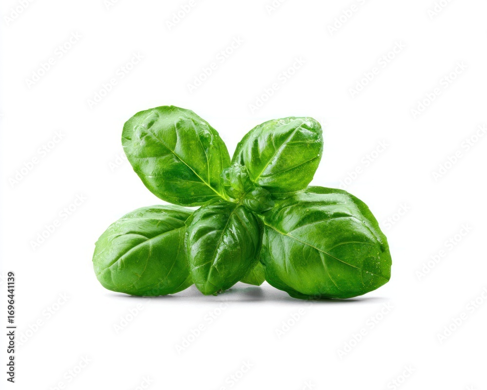 Fototapeta premium Fresh, vibrant basil leaves, intensely green and clustered together on a clean white backdrop