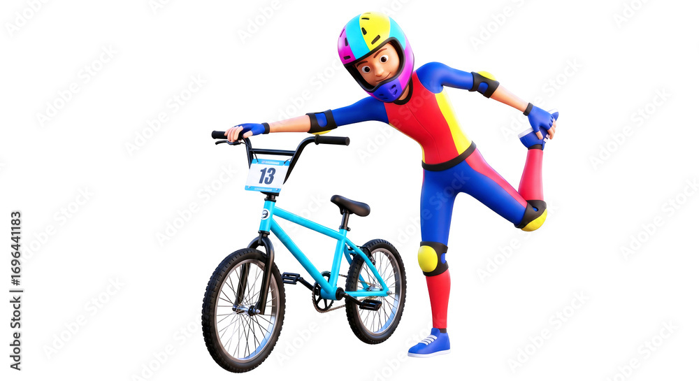 Fototapeta premium bmx rider prepares a 3d cartoon cyclist stretches, focused determination, colorful gear, ready to race, isolated on transparent background