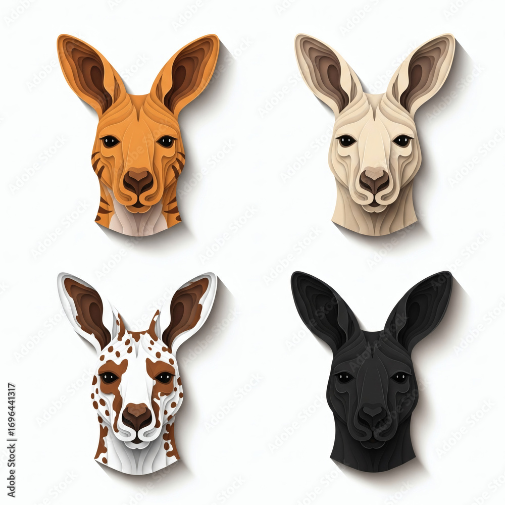 Fototapeta premium Stylized Kangaroo Heads in Various Colors and Patterns